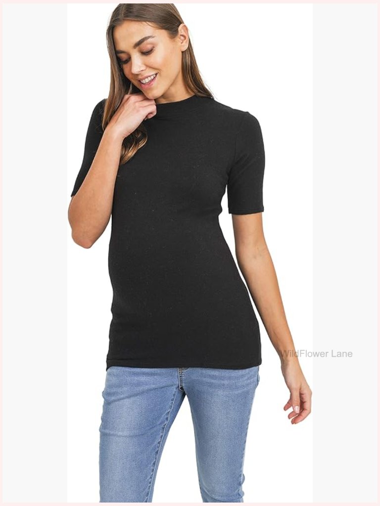 Knit Ribbed Mock Neck Long Sleeve Maternity Top Fitted